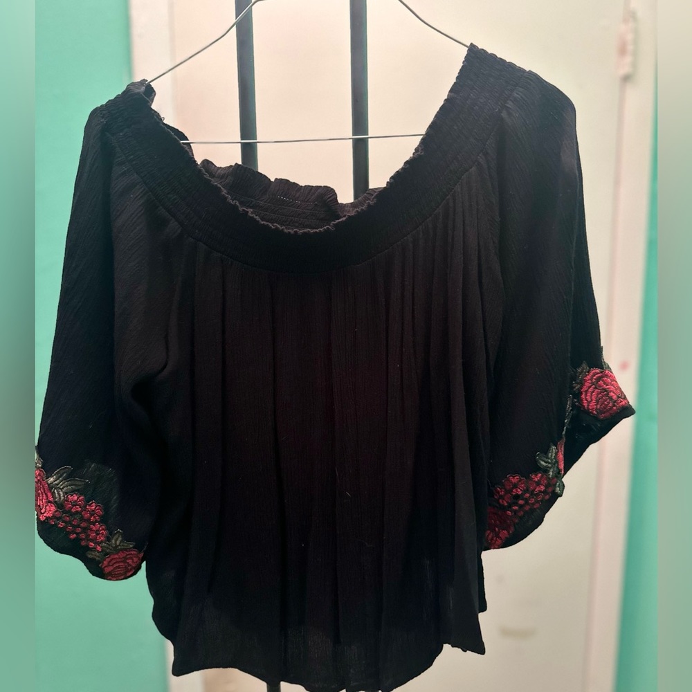 Off the Shoulder Sheer Black Blouse with Embroidered Rose